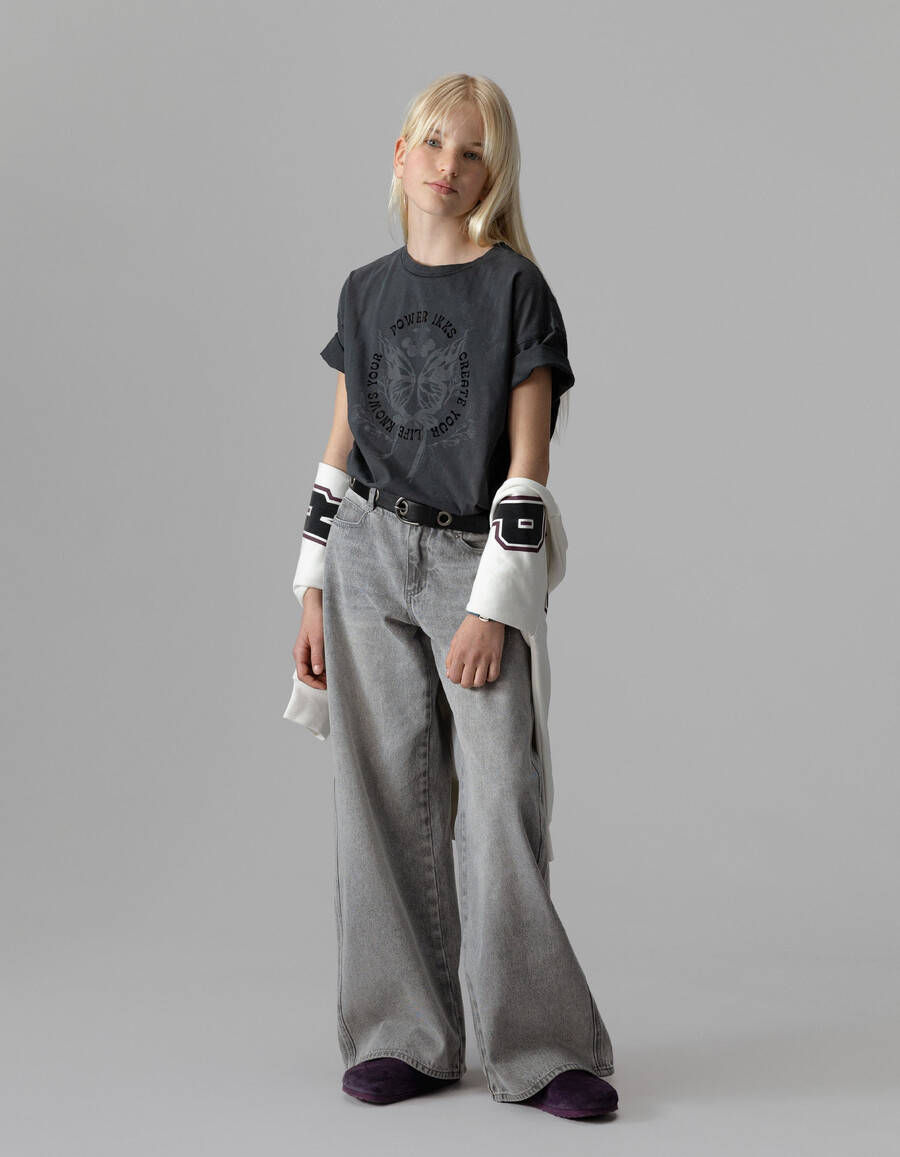 jeans a gamba larga grigio sbiadito per ragazze