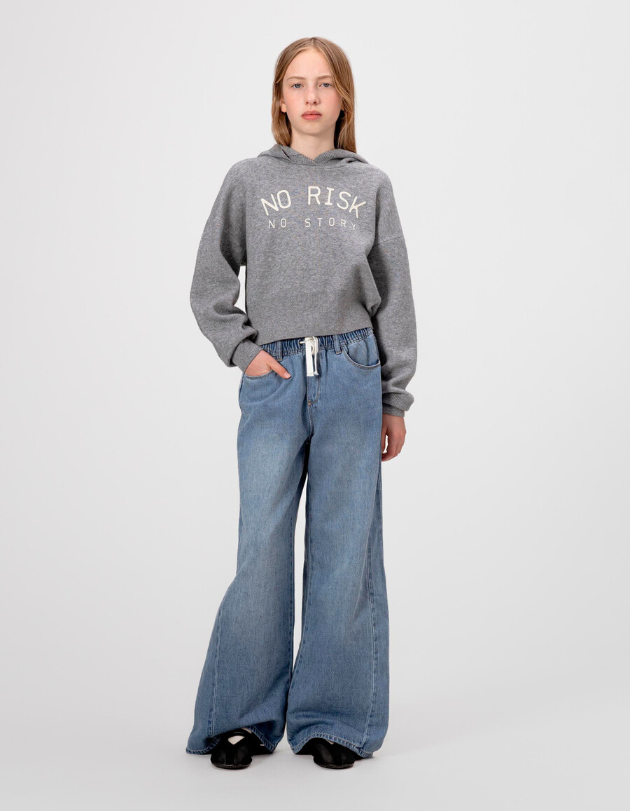 jeans blu a gamba larga con elastico in vita per bambine