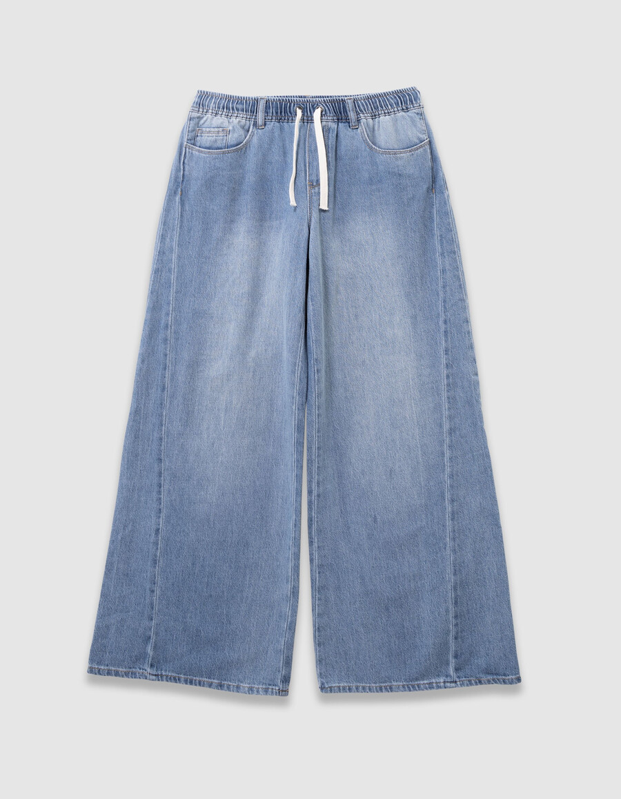 jeans blu a gamba larga con elastico in vita per bambine