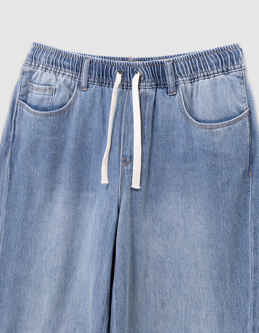 jeans blu a gamba larga con elastico in vita per bambine