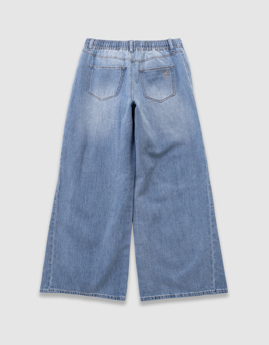 jeans blu a gamba larga con elastico in vita per bambine