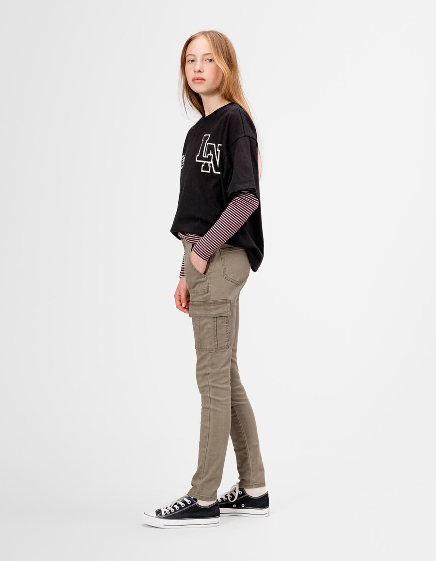 pantaloni da combattimento a vita alta color cachi da bambina