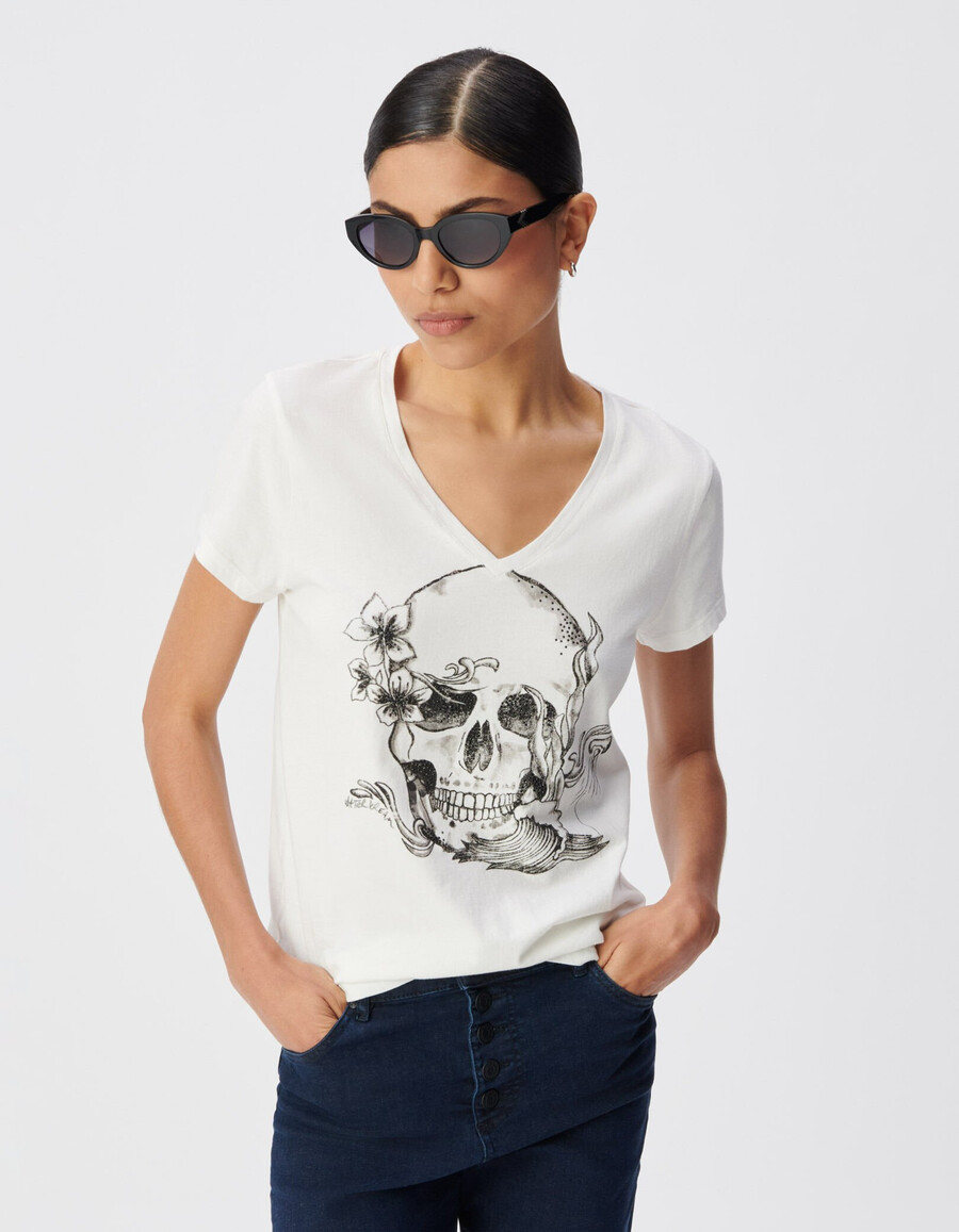 maglietta bianca con scollo a v in cotone biologico con teschio visivo da donna