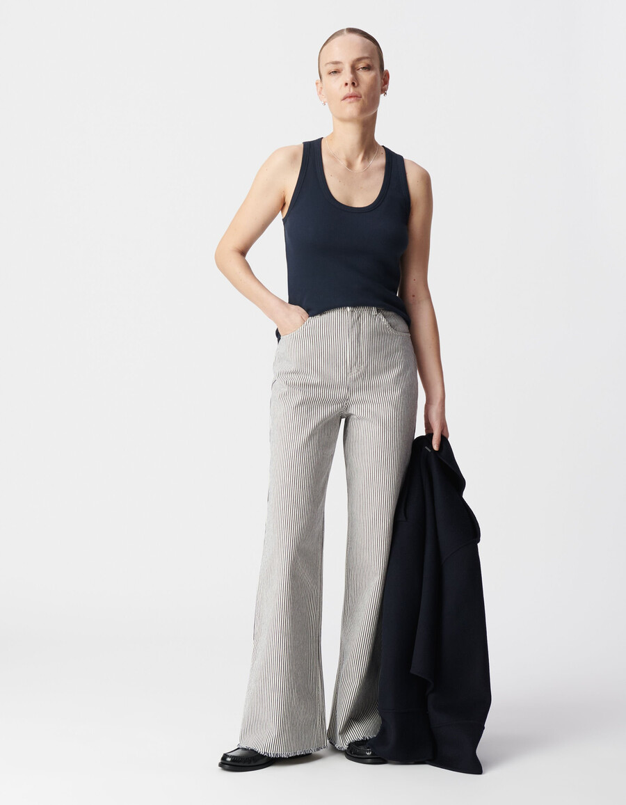 canotta da donna in maglia a coste blu navy con schiena a spina di pesce ricamata