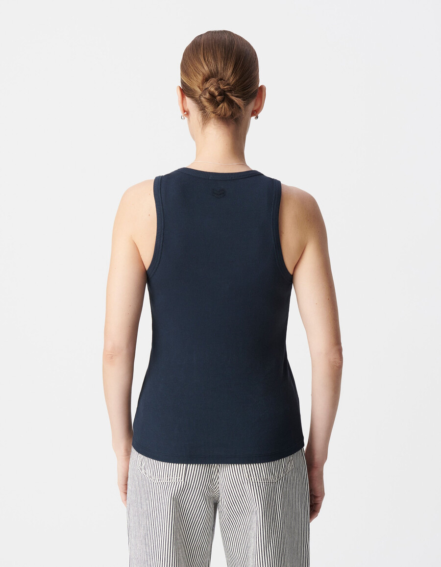 canotta da donna in maglia a coste blu navy con schiena a spina di pesce ricamata