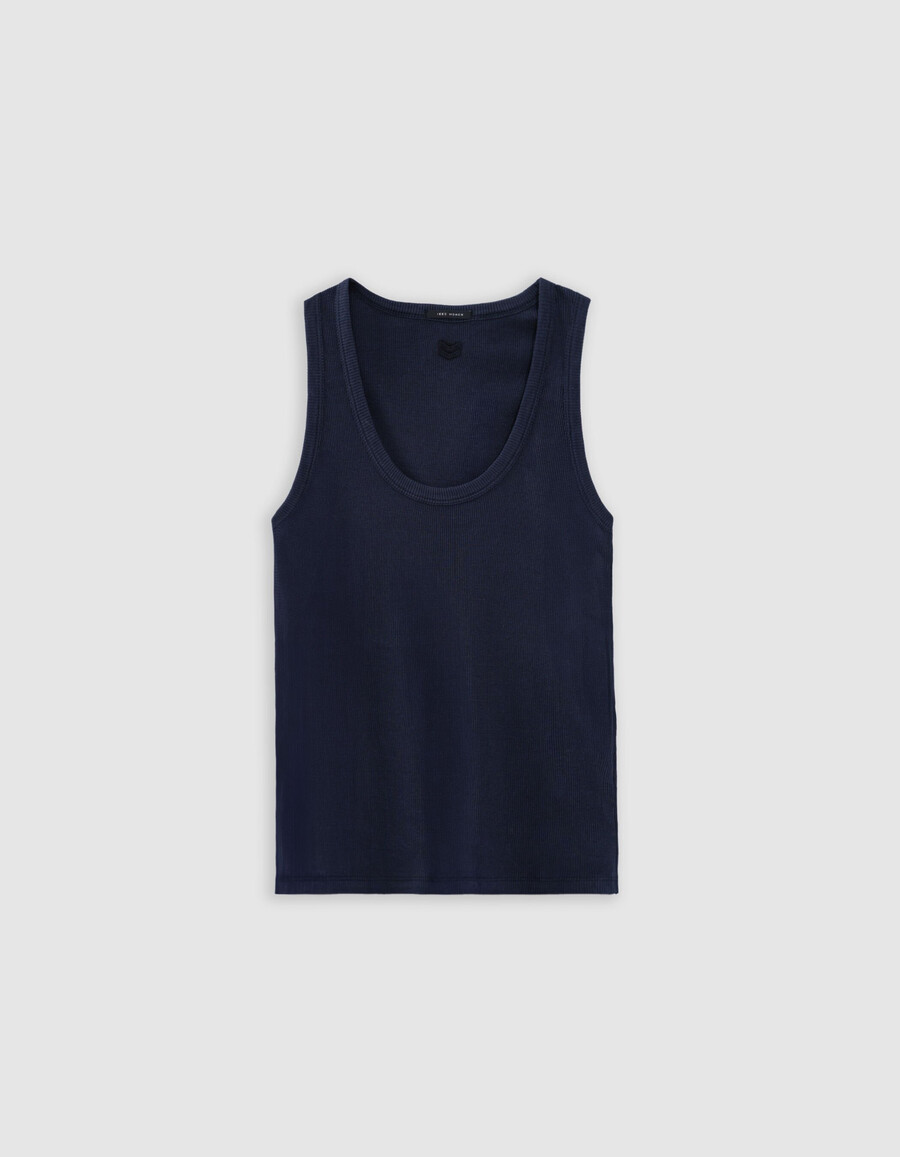 canotta da donna in maglia a coste blu navy con schiena a spina di pesce ricamata