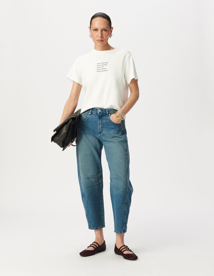 t-shirt girocollo da donna color bianco sporco con slogan glitterato