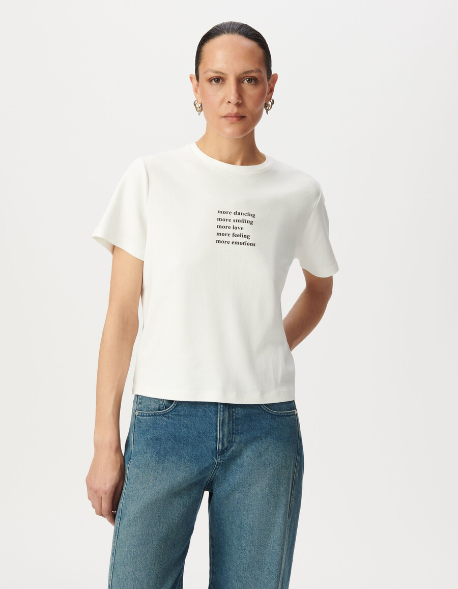 t-shirt girocollo da donna color bianco sporco con slogan glitterato