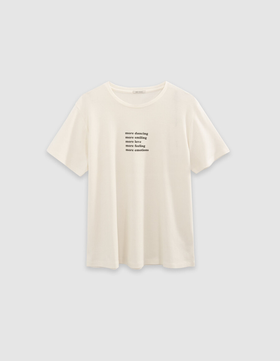 t-shirt girocollo da donna color bianco sporco con slogan glitterato