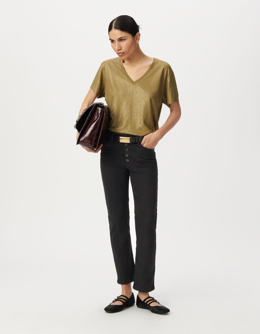 t-shirt a maniche corte a coste color cachi iridescente da donna
