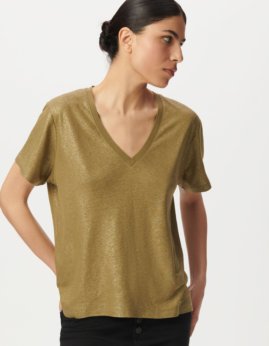 t-shirt a maniche corte a coste color cachi iridescente da donna