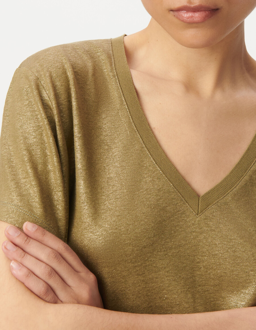 t-shirt a maniche corte a coste color cachi iridescente da donna