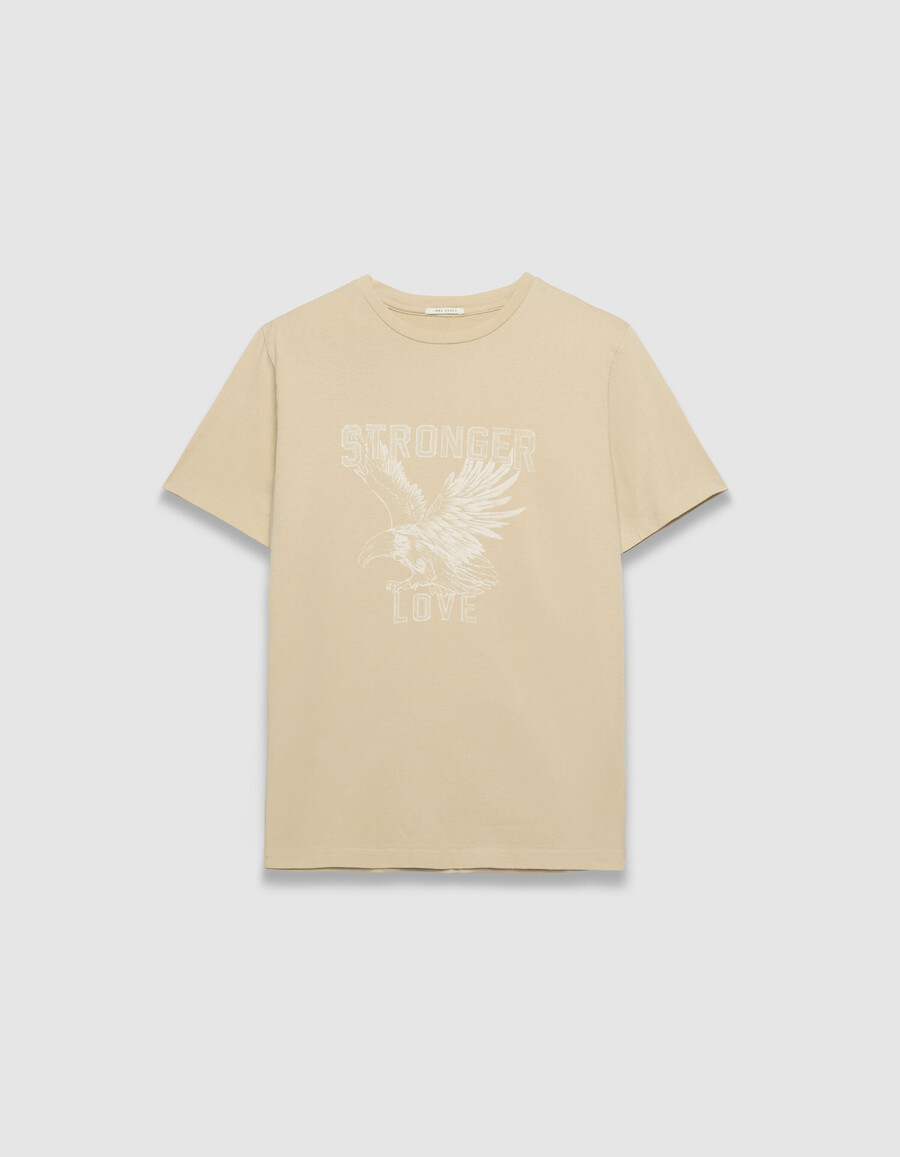 maglietta girocollo da donna in cotone biologico beige con immagine di aquila