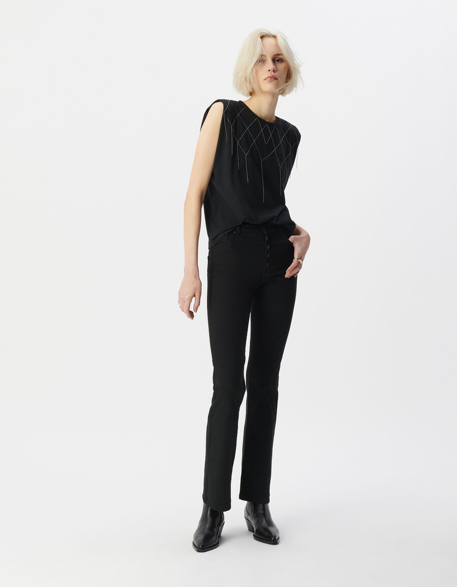 maglietta da donna con spalline nere e decorazioni in microperline