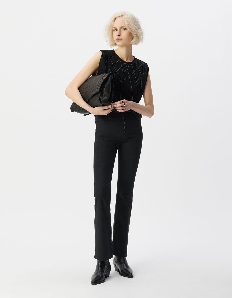 maglietta da donna con spalline nere e decorazioni in microperline