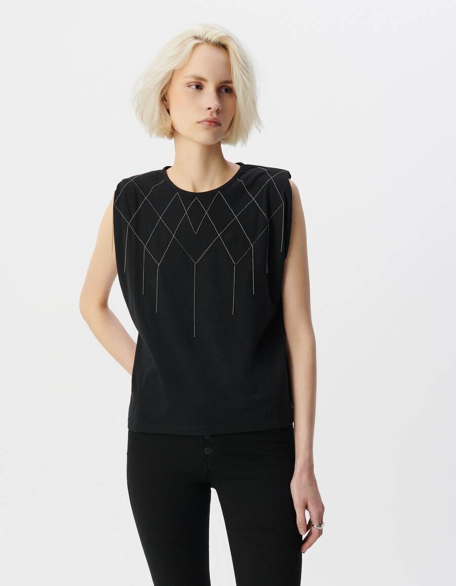 maglietta da donna con spalline nere e decorazioni in microperline