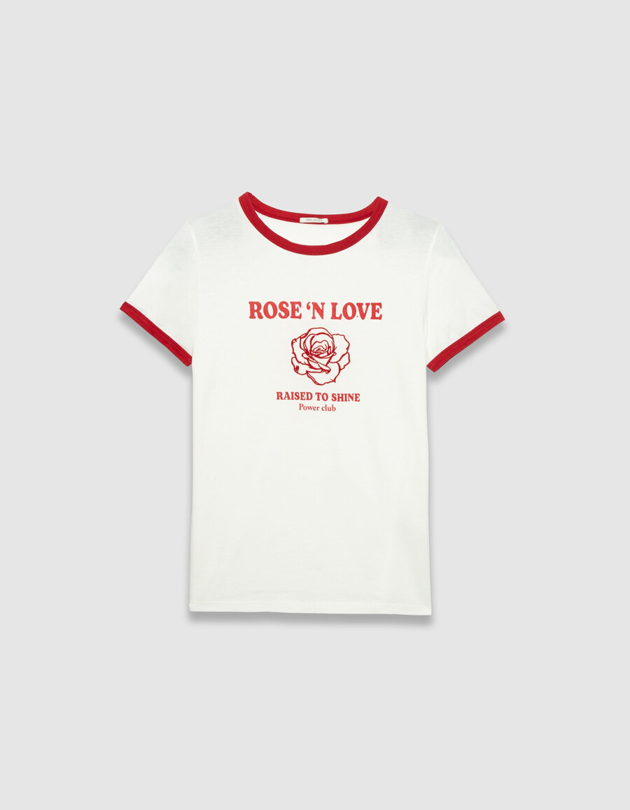t-shirt bianca da donna in cotone biologico rosa ricamata