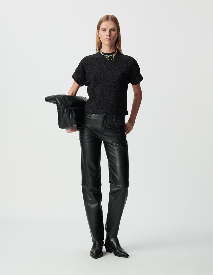 maglietta a maniche corte da donna in maglia traforata in lurex nero