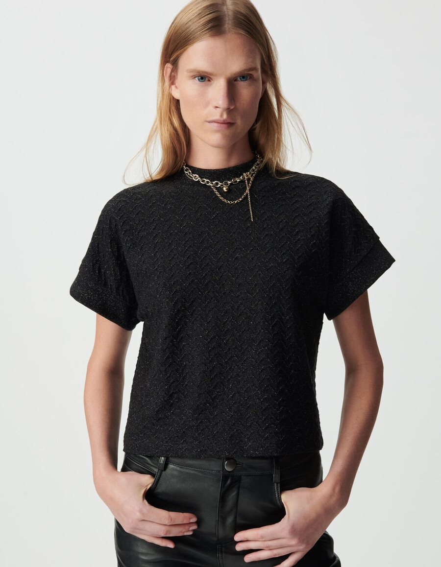 maglietta a maniche corte da donna in maglia traforata in lurex nero