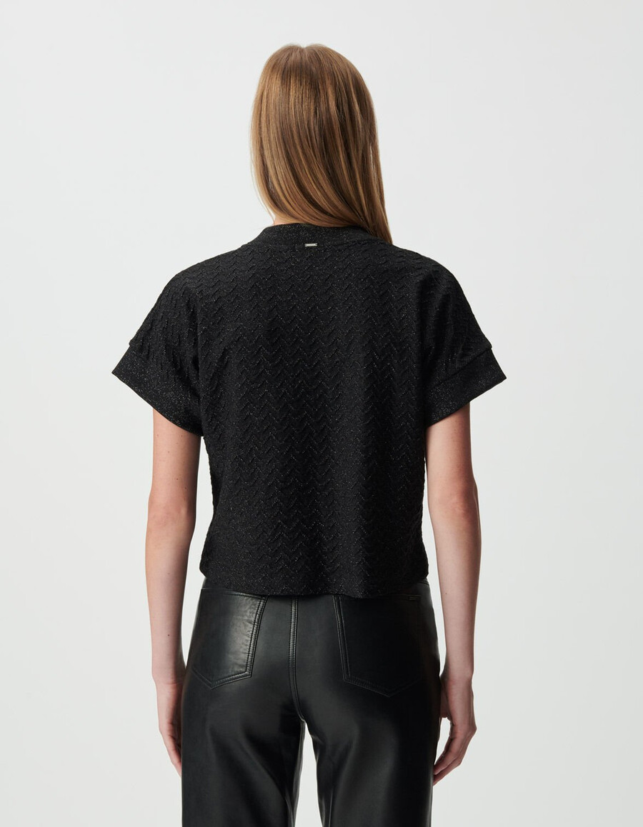 maglietta a maniche corte da donna in maglia traforata in lurex nero