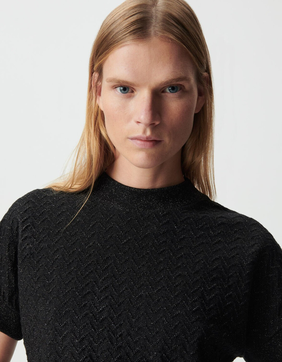 maglietta a maniche corte da donna in maglia traforata in lurex nero