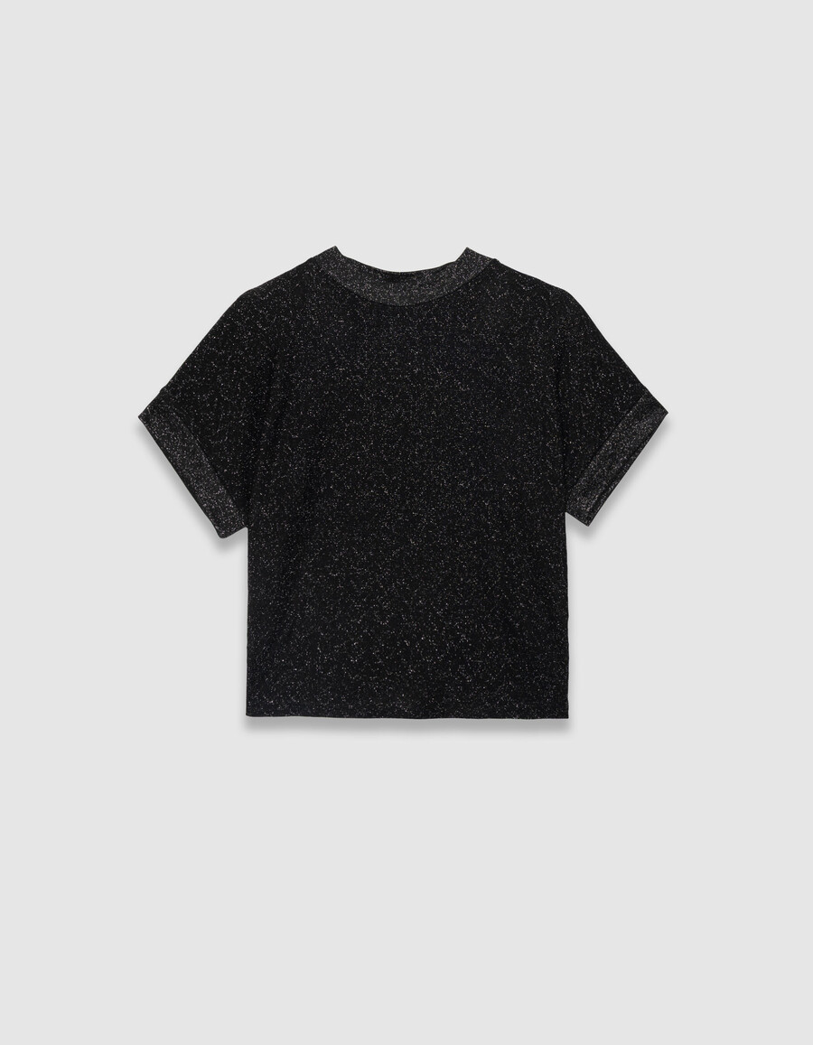 maglietta a maniche corte da donna in maglia traforata in lurex nero