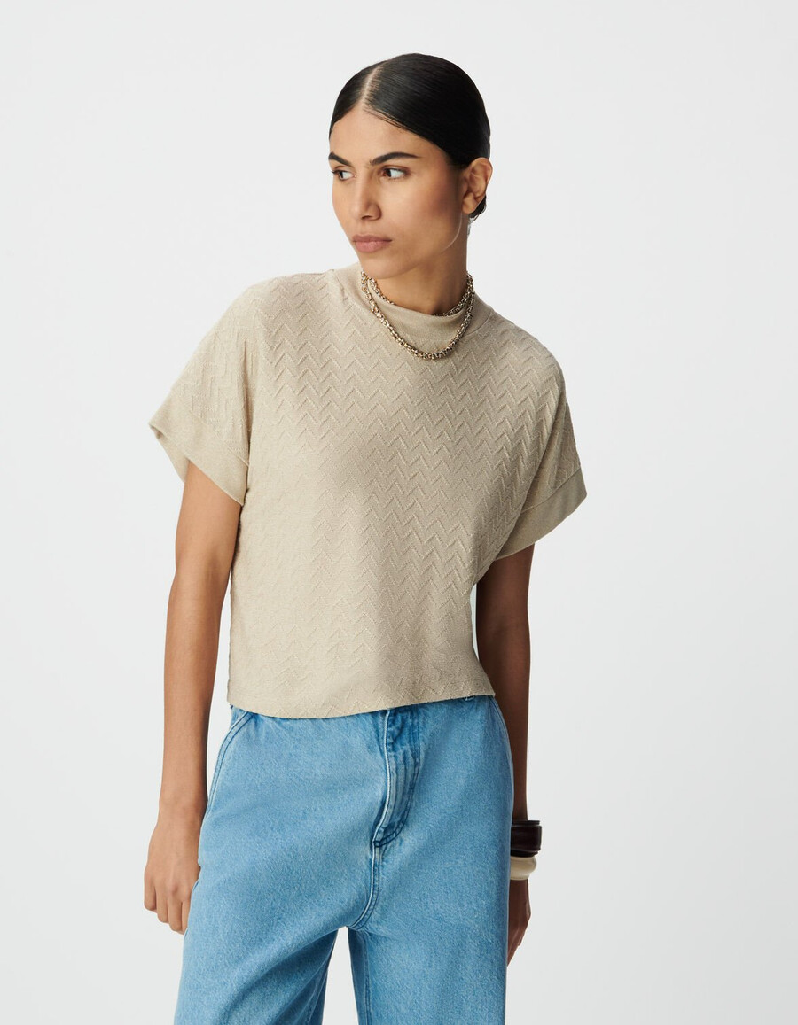 maglietta a maniche corte da donna in maglia traforata in lurex beige