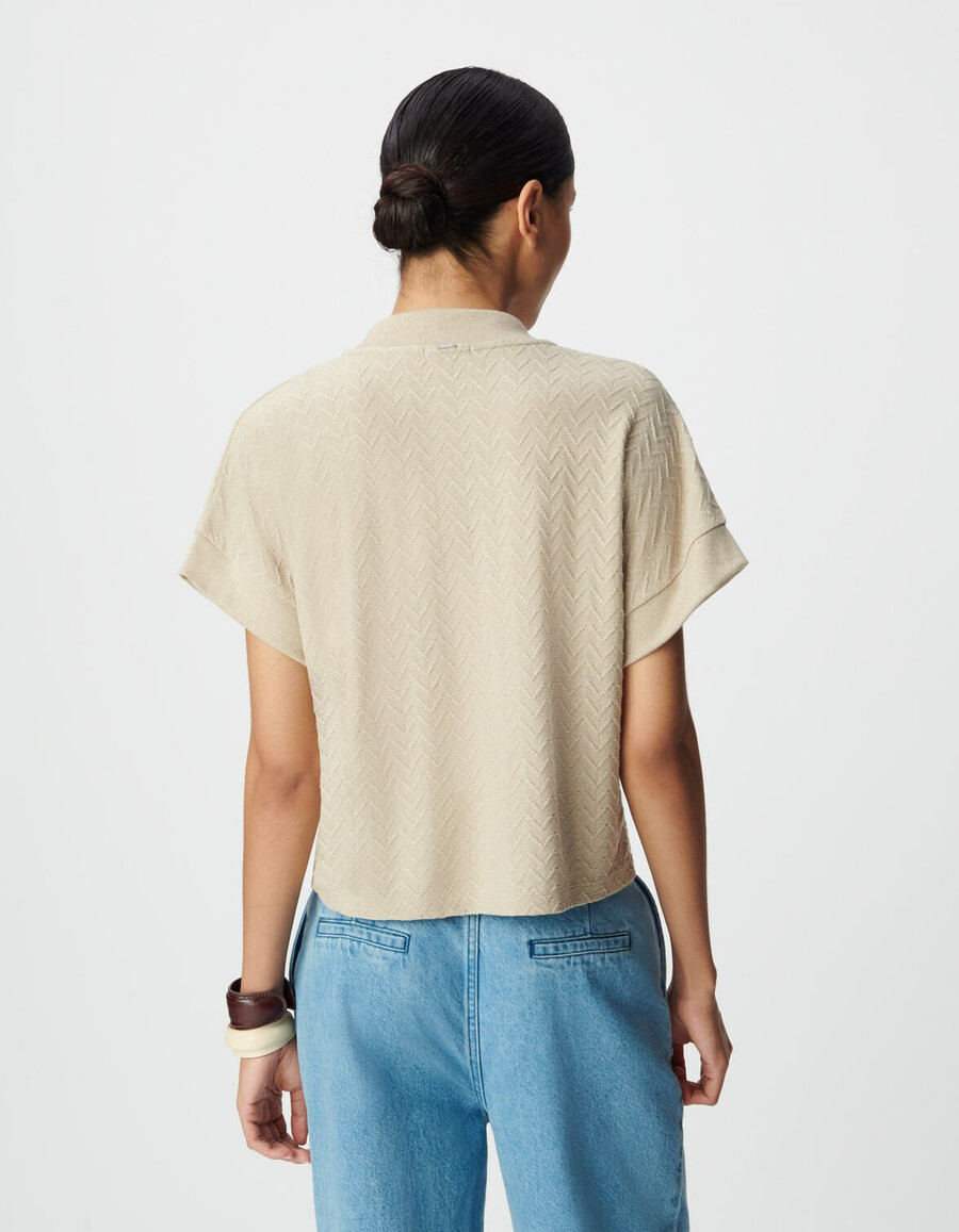 maglietta a maniche corte da donna in maglia traforata in lurex beige