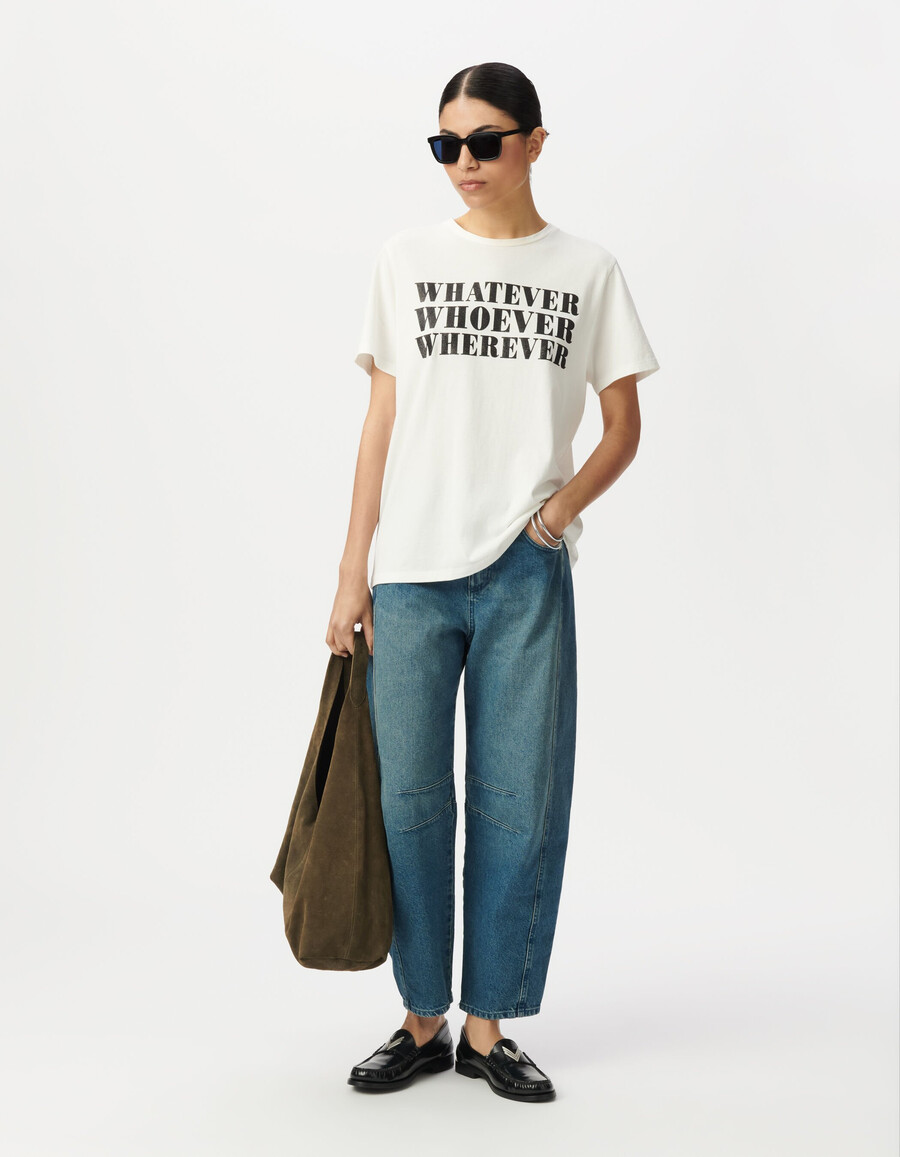 maglietta bianca da donna con slogan glitterato nero