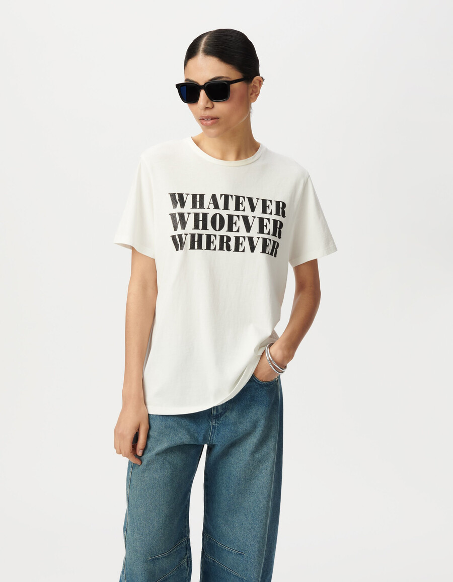 maglietta bianca da donna con slogan glitterato nero