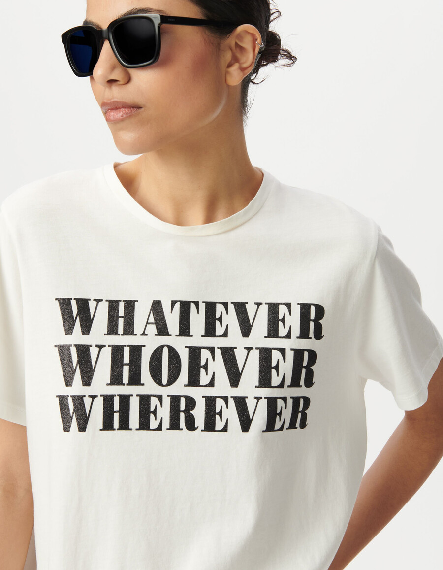 maglietta bianca da donna con slogan glitterato nero