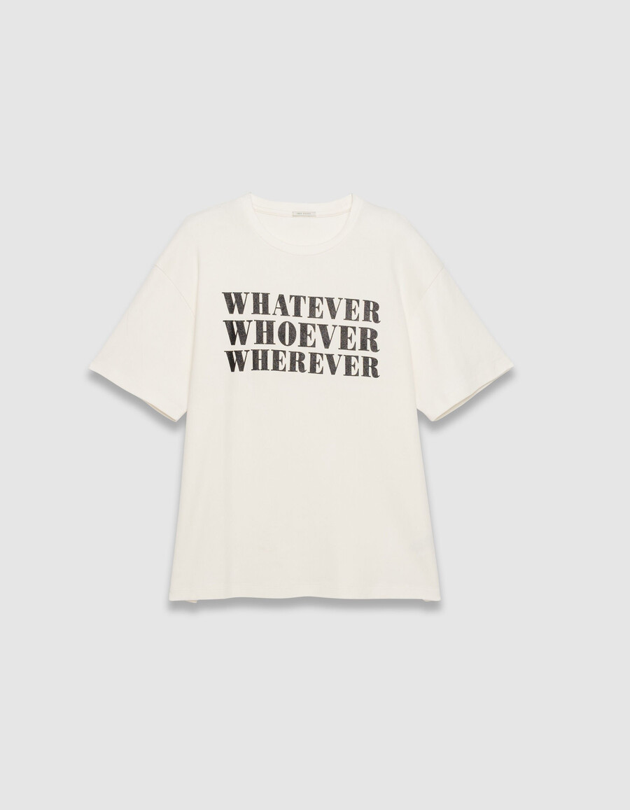 maglietta bianca da donna con slogan glitterato nero
