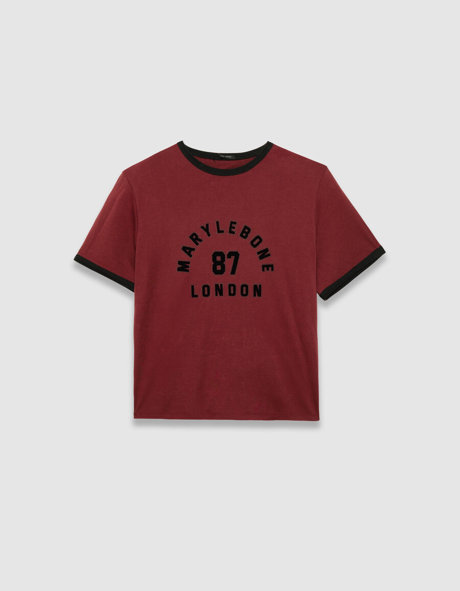 t-shirt da donna bordeaux con slogan in velluto floccato