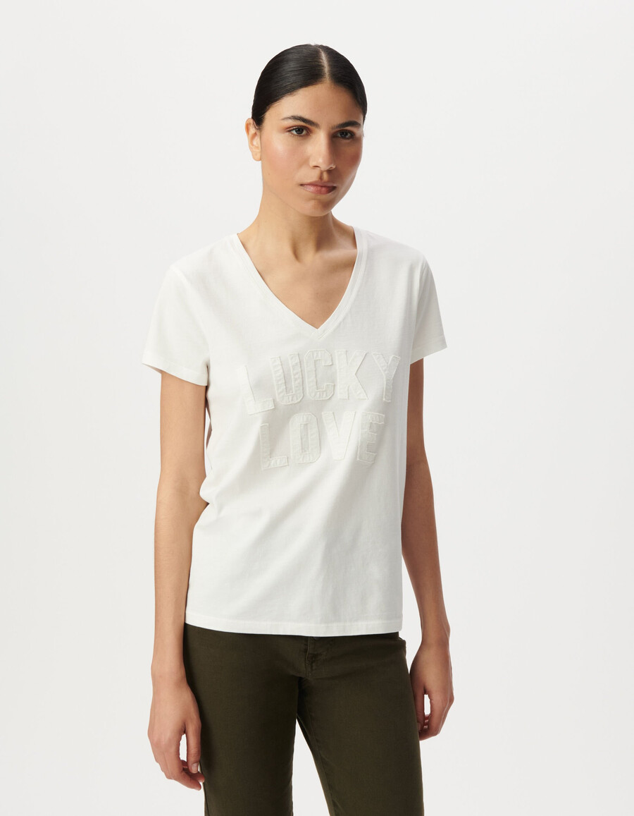 t-shirt bianca da donna in cotone biologico lettere ricamate