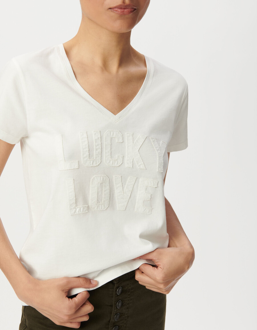 t-shirt bianca da donna in cotone biologico lettere ricamate
