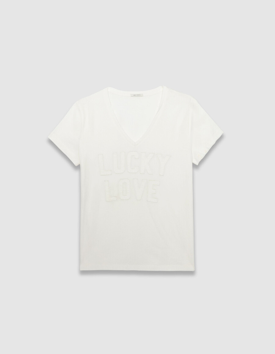 t-shirt bianca da donna in cotone biologico lettere ricamate