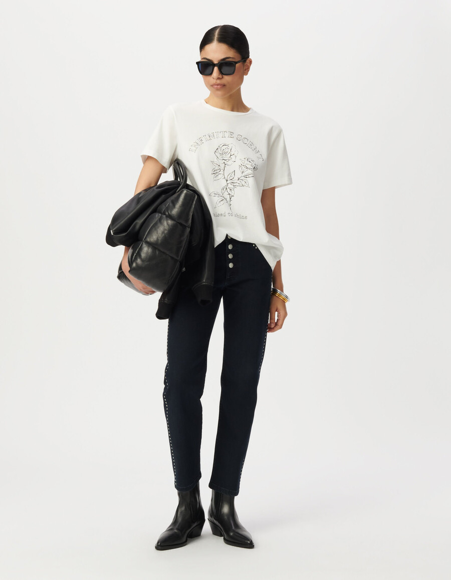 t-shirt bianca da donna in cotone biologico slogan e rose