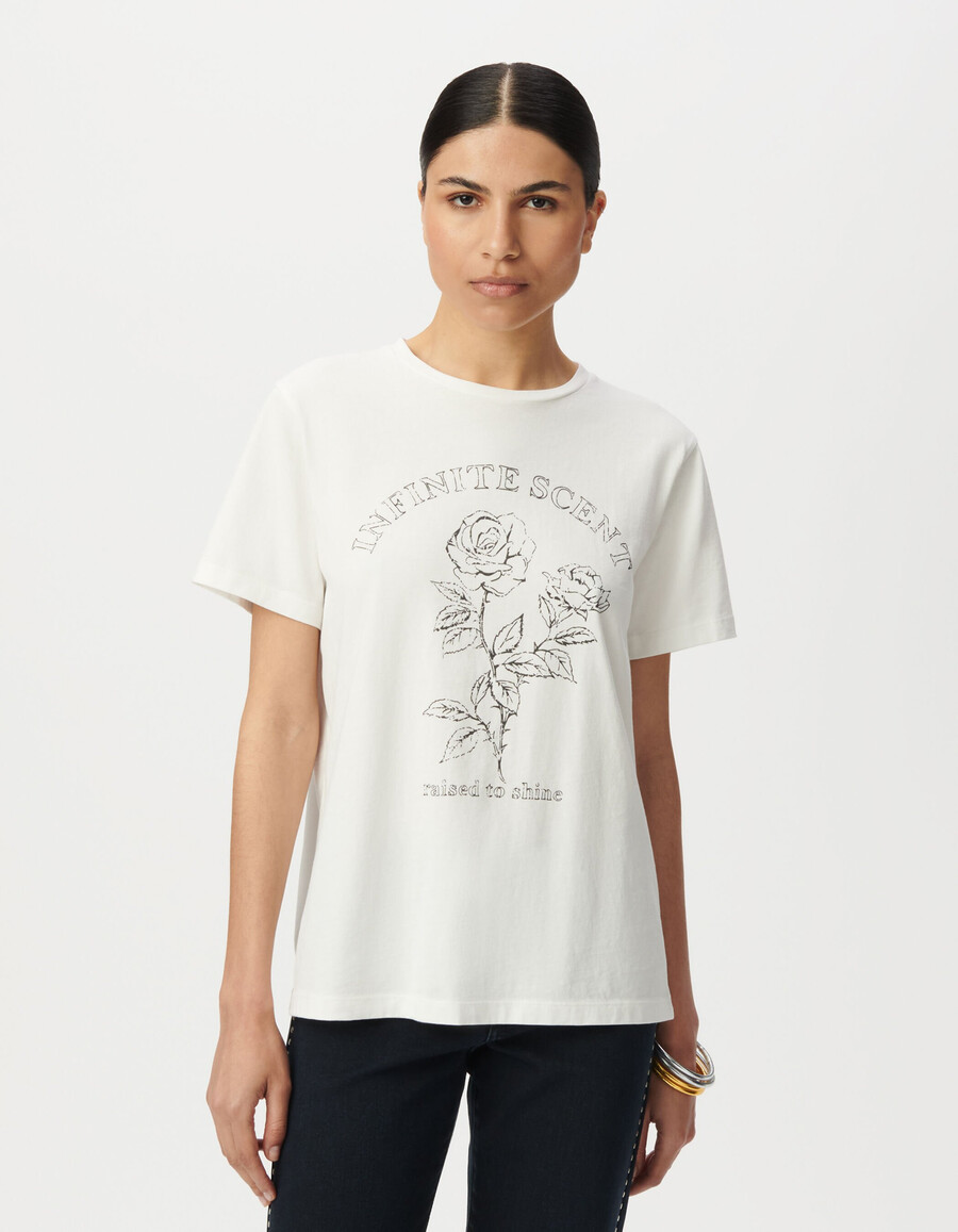 t-shirt bianca da donna in cotone biologico slogan e rose
