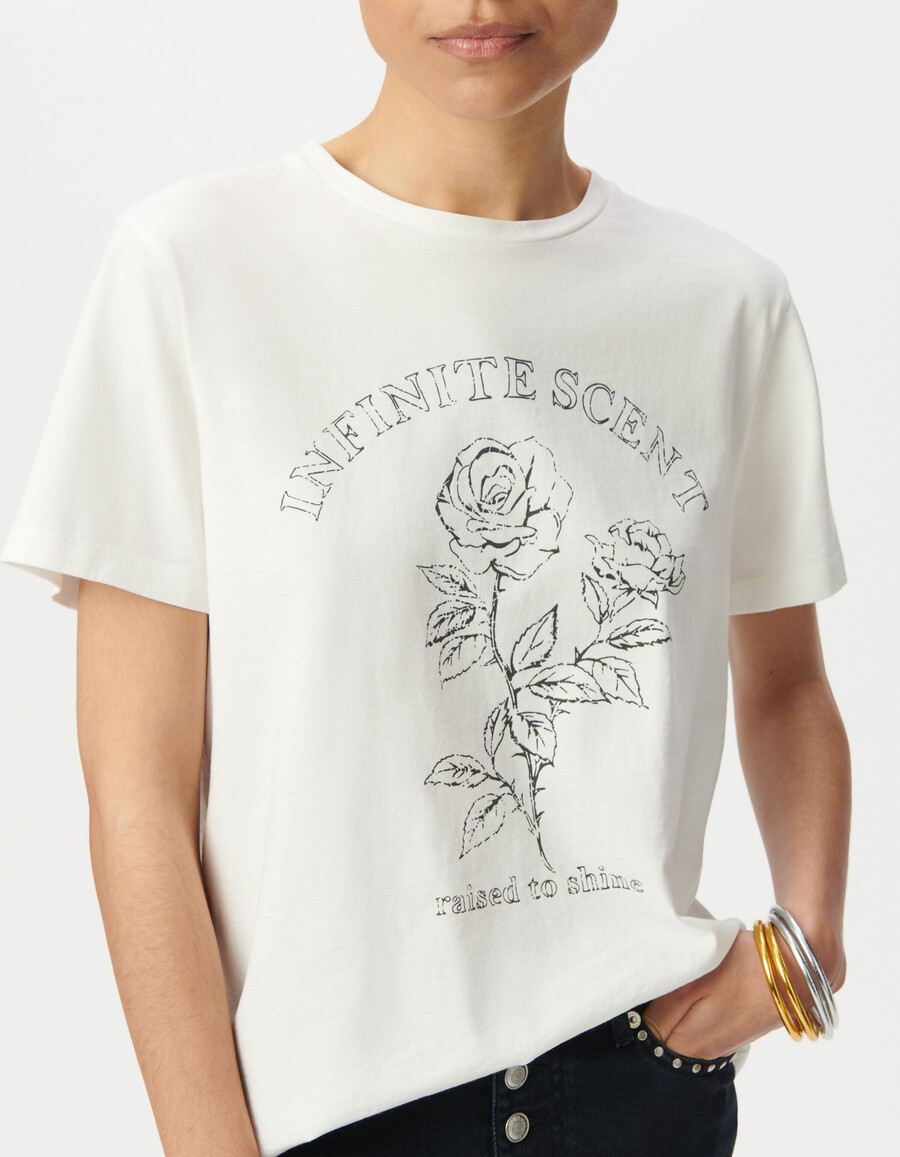 t-shirt bianca da donna in cotone biologico slogan e rose