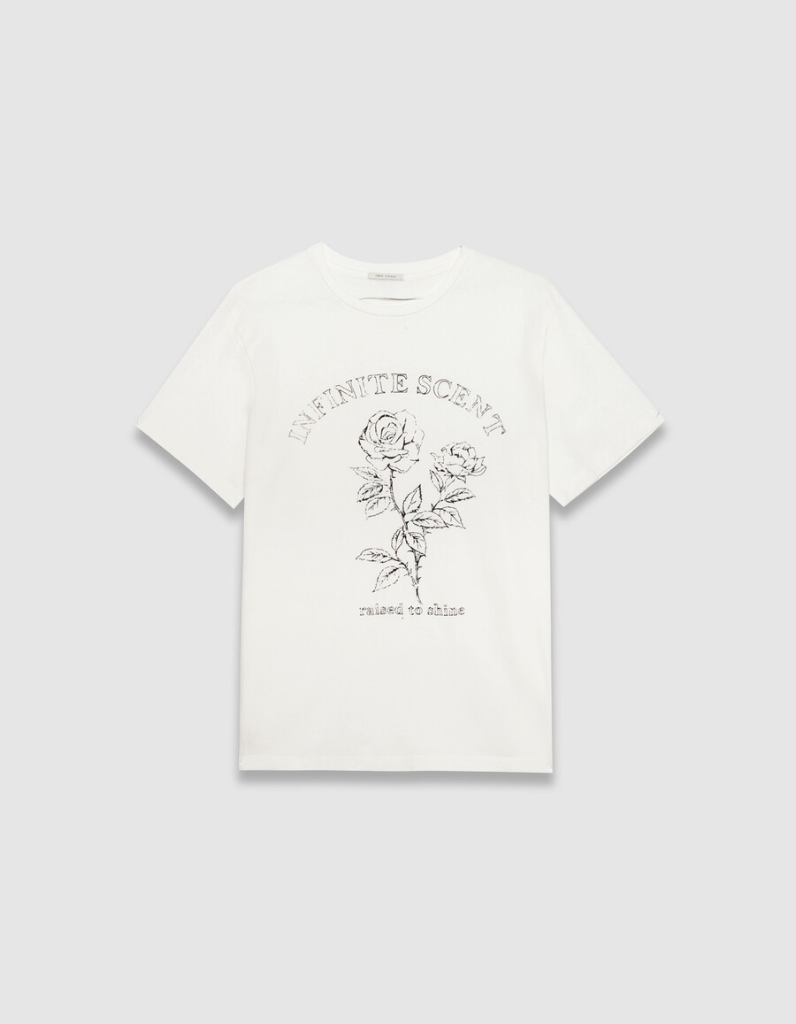 t-shirt bianca da donna in cotone biologico slogan e rose