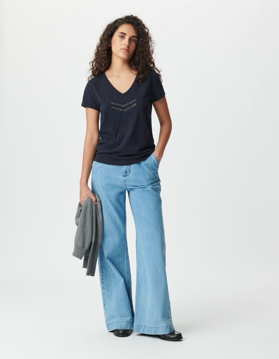 t-shirt da donna in cotone biologico blu navy con chevron ricamati