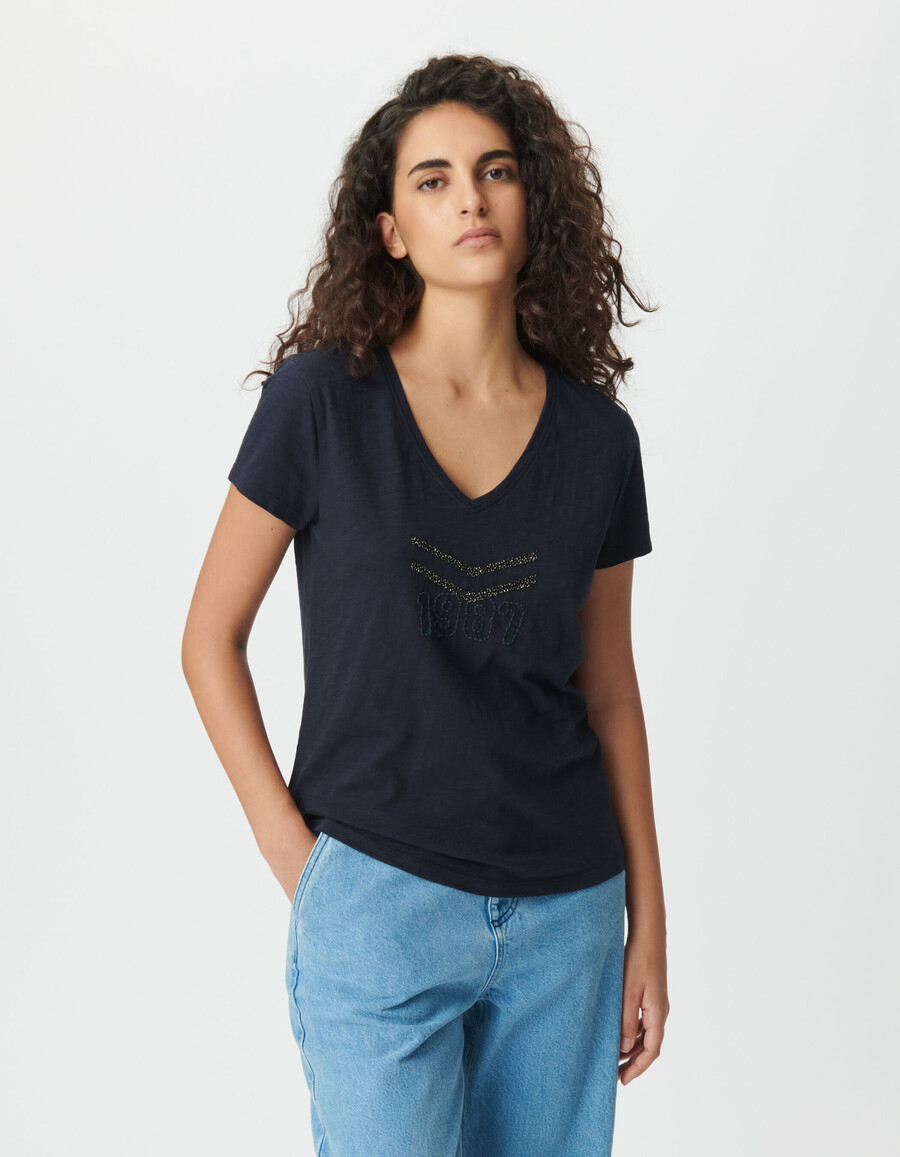 t-shirt da donna in cotone biologico blu navy con chevron ricamati