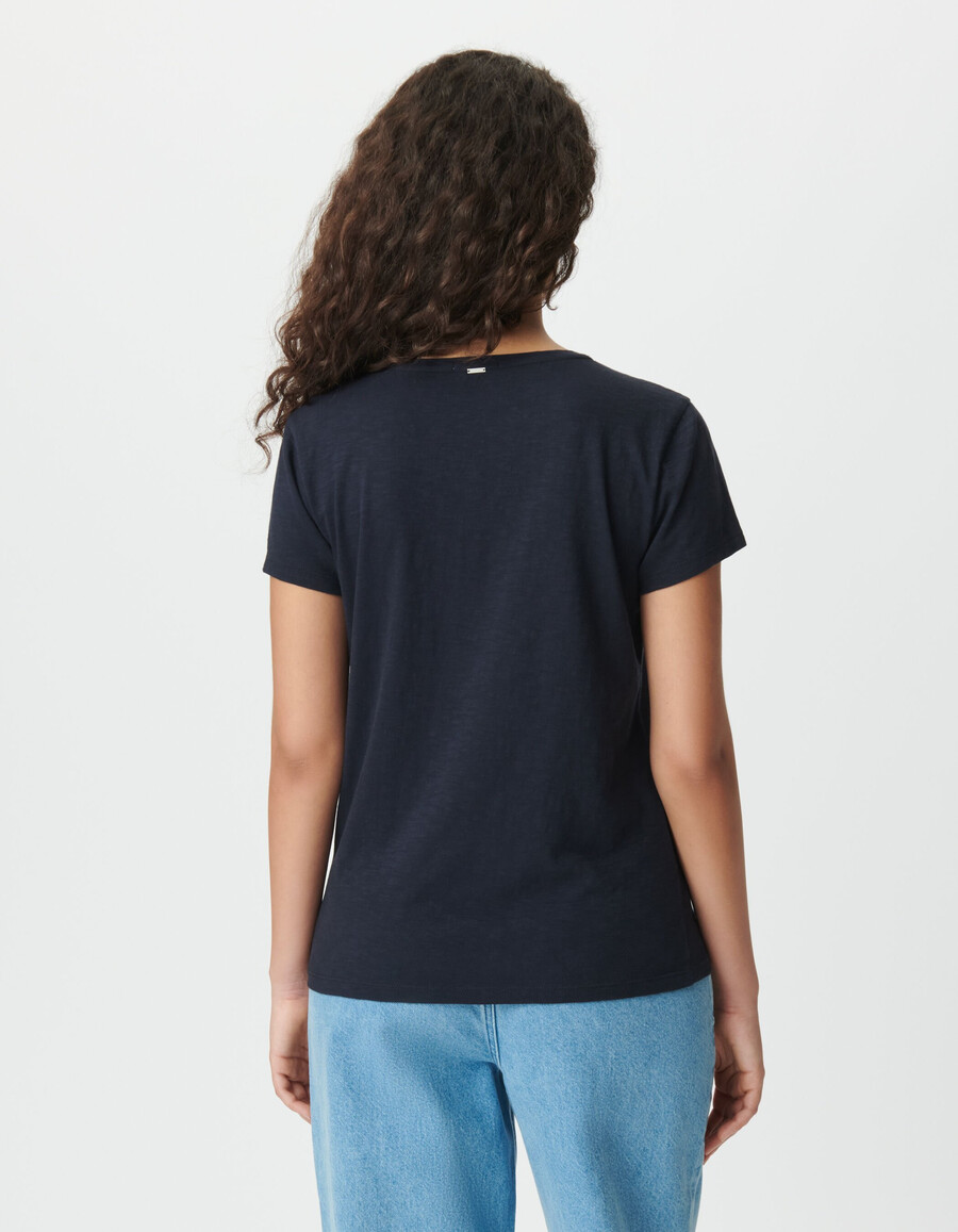 t-shirt da donna in cotone biologico blu navy con chevron ricamati