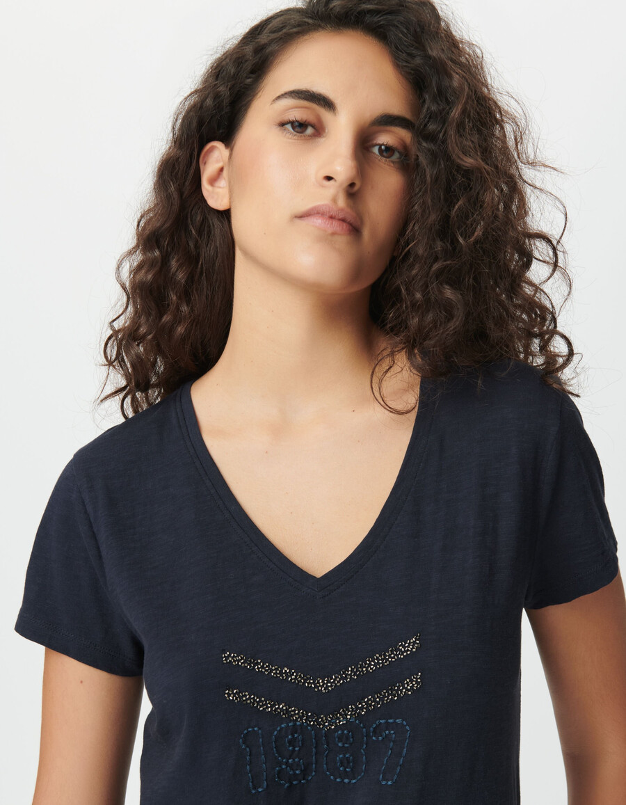 t-shirt da donna in cotone biologico blu navy con chevron ricamati