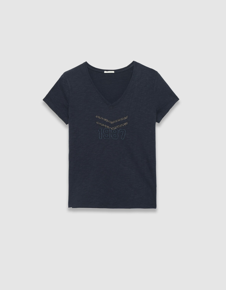 t-shirt da donna in cotone biologico blu navy con chevron ricamati