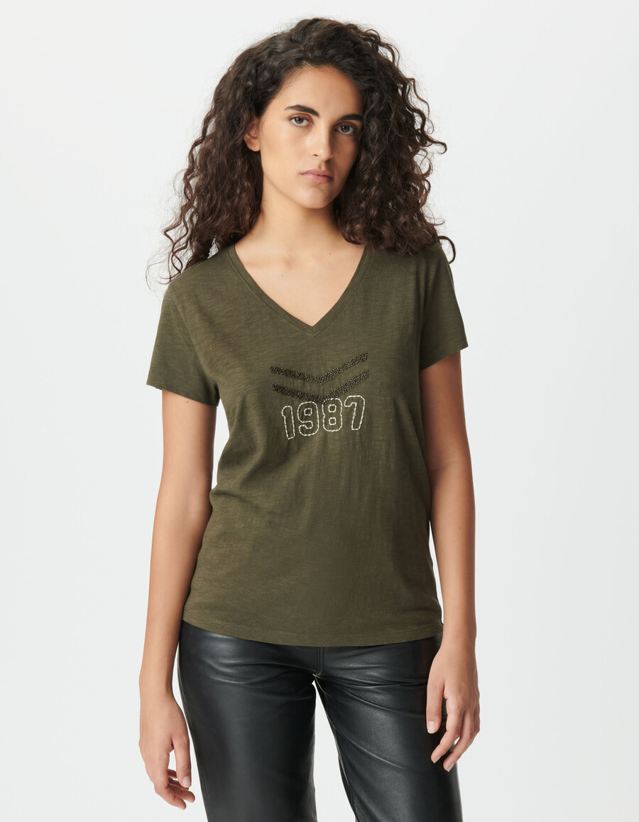 t-shirt da donna in cotone biologico color cachi con chevron ricamati