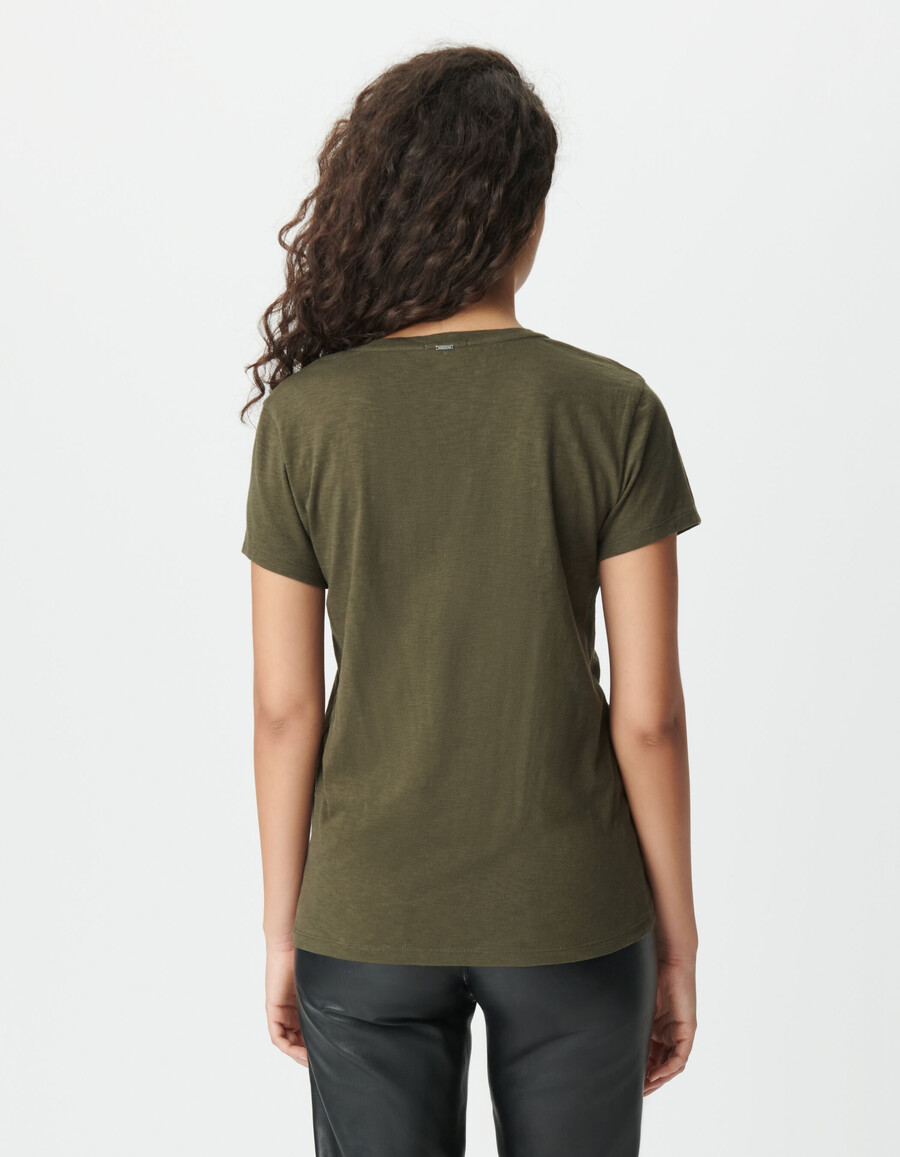 t-shirt da donna in cotone biologico color cachi con chevron ricamati
