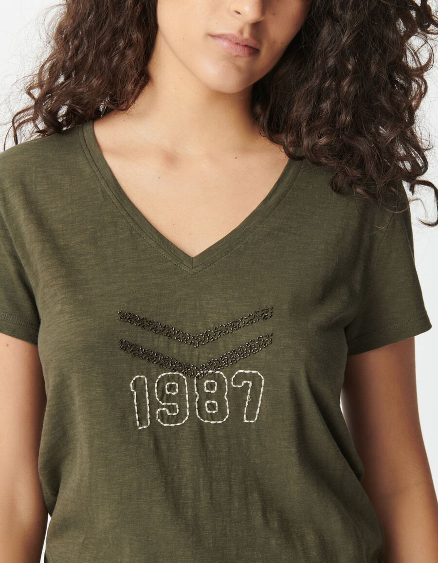 t-shirt da donna in cotone biologico color cachi con chevron ricamati