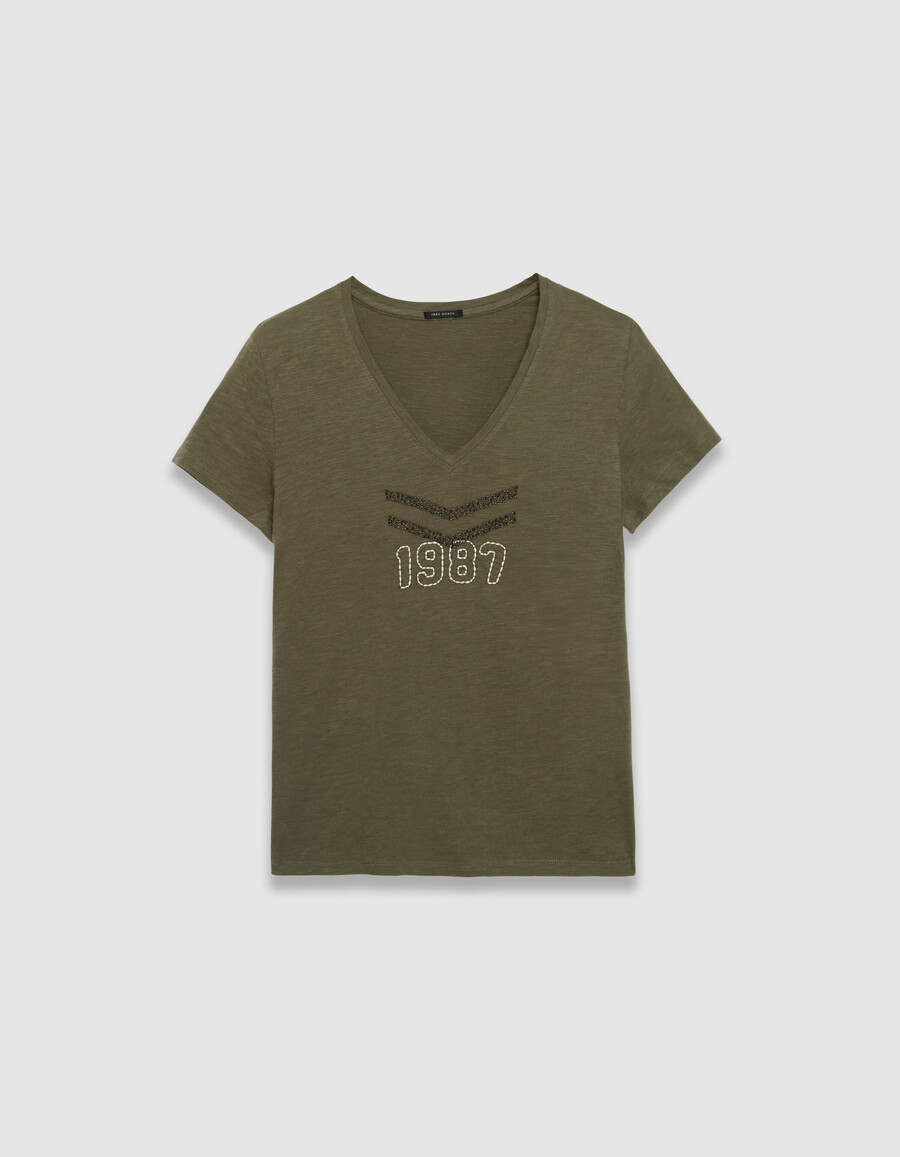 t-shirt da donna in cotone biologico color cachi con chevron ricamati