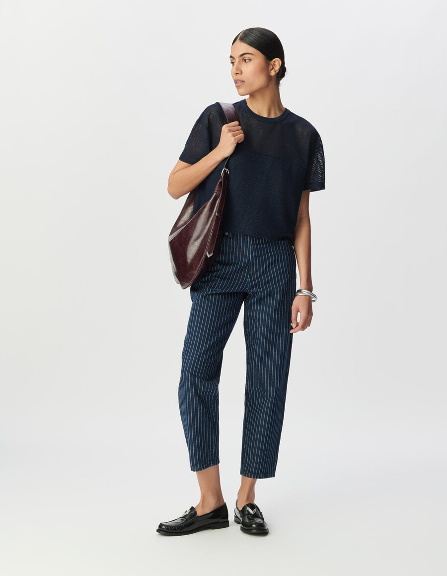 t-shirt da donna in rete goffrata blu navy